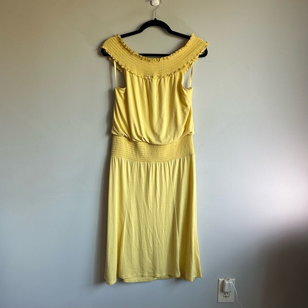 BCBG Paris Butter Yellow Off-Shoulder Smocked Waist Dress - Size medium